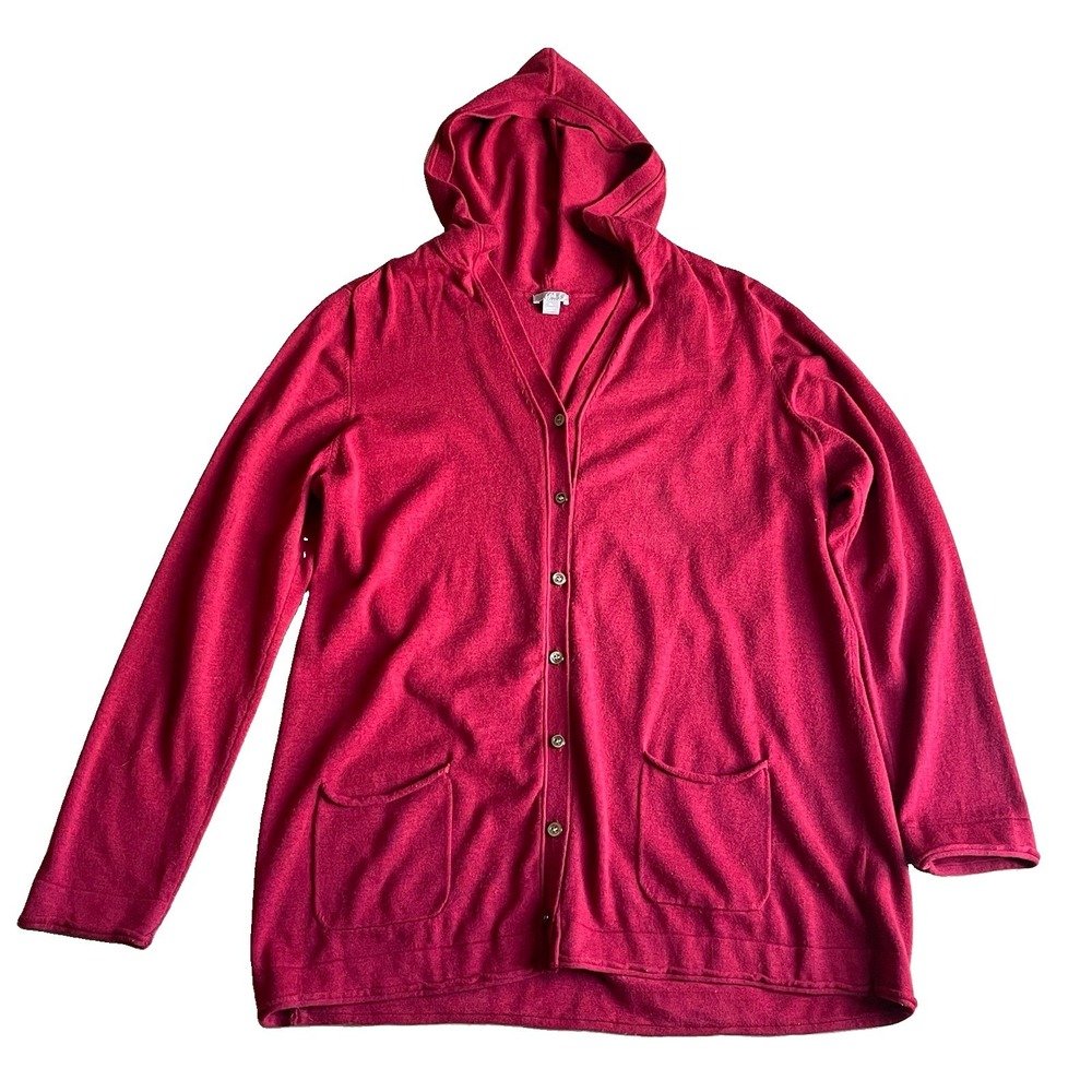 J Jill Cardigan Sweater XL Red Hooded Button Front Long Pockets Cotton Knit
